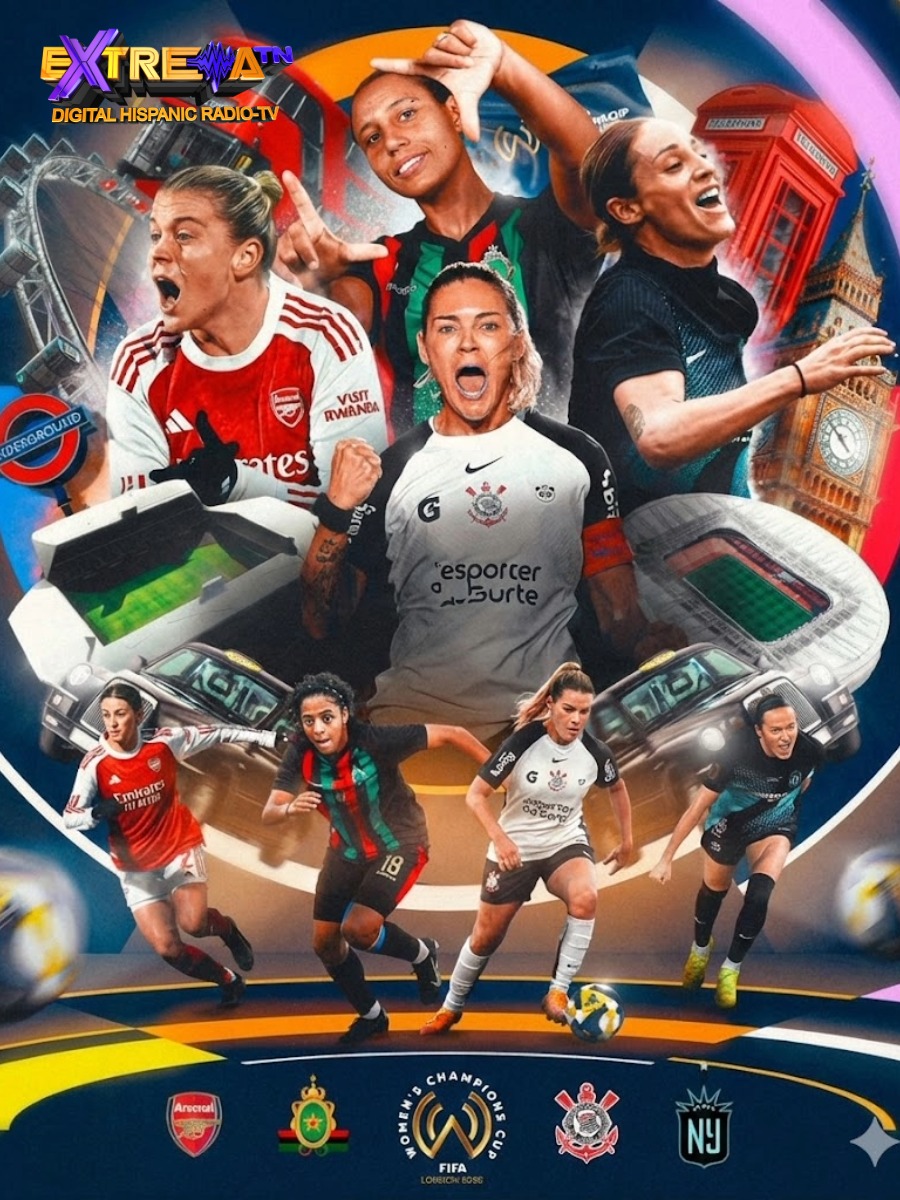 Composición visual de jugadoras destacadas y elementos icónicos de Londres para la Copa de Campeones 2026.