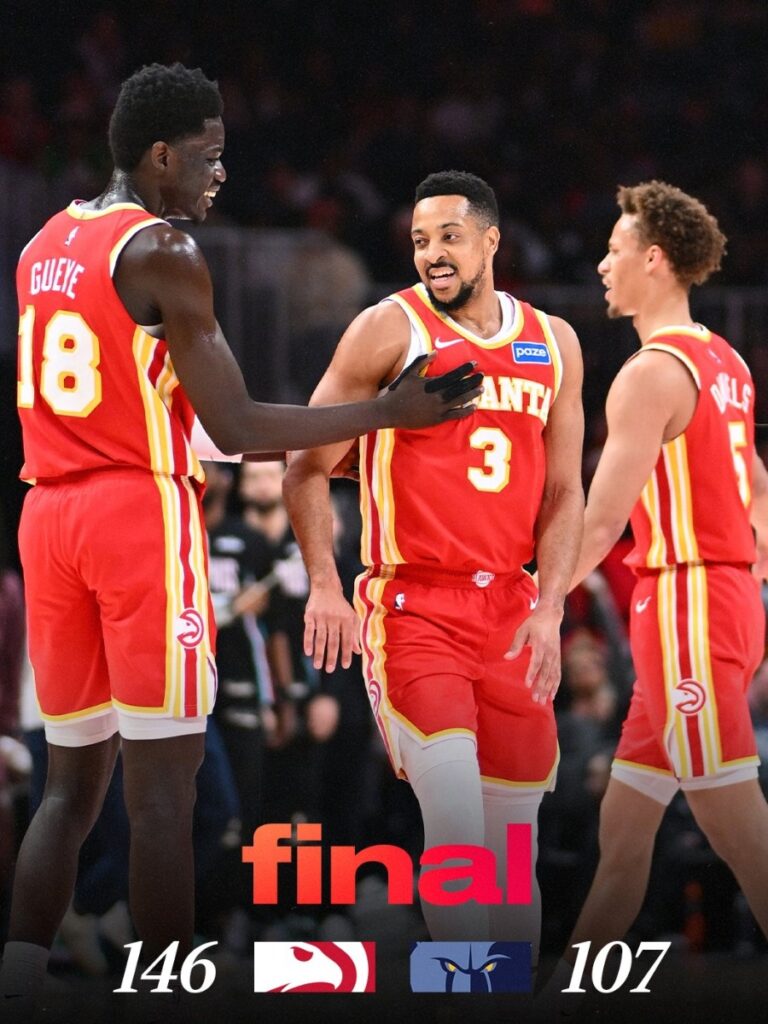 Marcador final y celebración del banquillo de Atlanta Hawks tras aplastar 146 a 107 a Memphis Grizzlies NBA