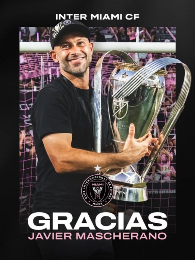 Gráfica oficial de Inter Miami CF despidiendo a Javier Mascherano con la MLS Cup en brazos
