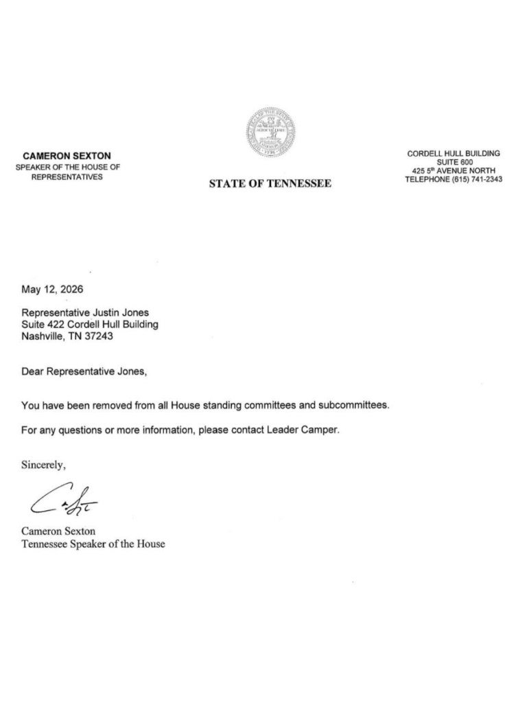 Carta enviada al legislador Justin Jones notificando su remoción de comités y subcomités en Tennessee.