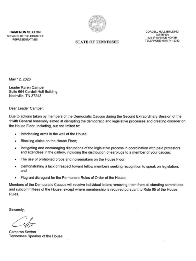 Carta enviada por el Speaker Cameron Sexton a la líder demócrata Karen Camper explicando las sanciones contra legisladores en Tennessee.