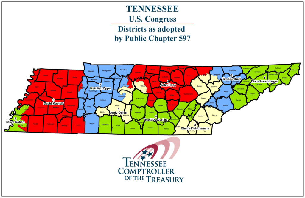 Mapa actual de distritos congresionales en Tennessee incluyendo Davidson County y Shelby County