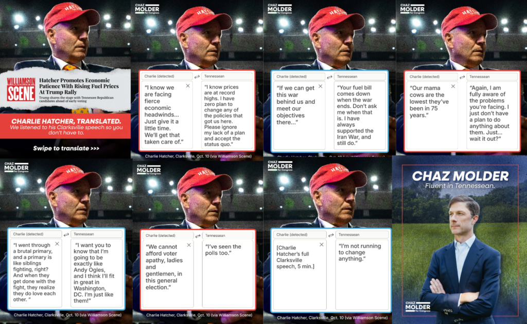 Collage publicado por la campaña de Chaz Molder con fragmentos del discurso de Charlie Hatcher en Clarksville, comentarios satíricos sobre sus declaraciones y una fotografía de Molder.