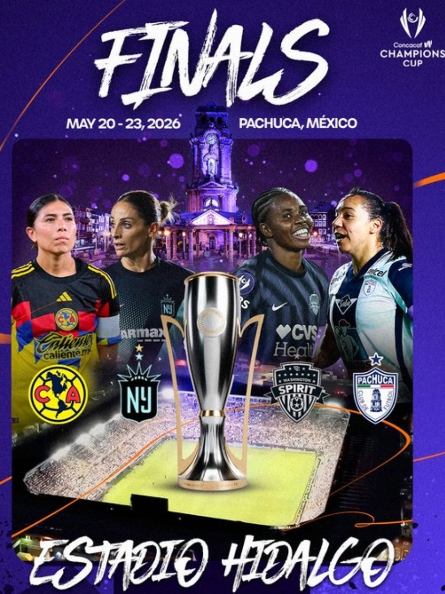 Cartel oficial de las finales de la Concacaf W Champions Cup 2026 en el Estadio Hidalgo, Pachuca.