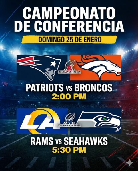 Cartel de las Finales de Conferencia NFL 2026: Patriots vs Broncos y Rams vs Seahawks.
