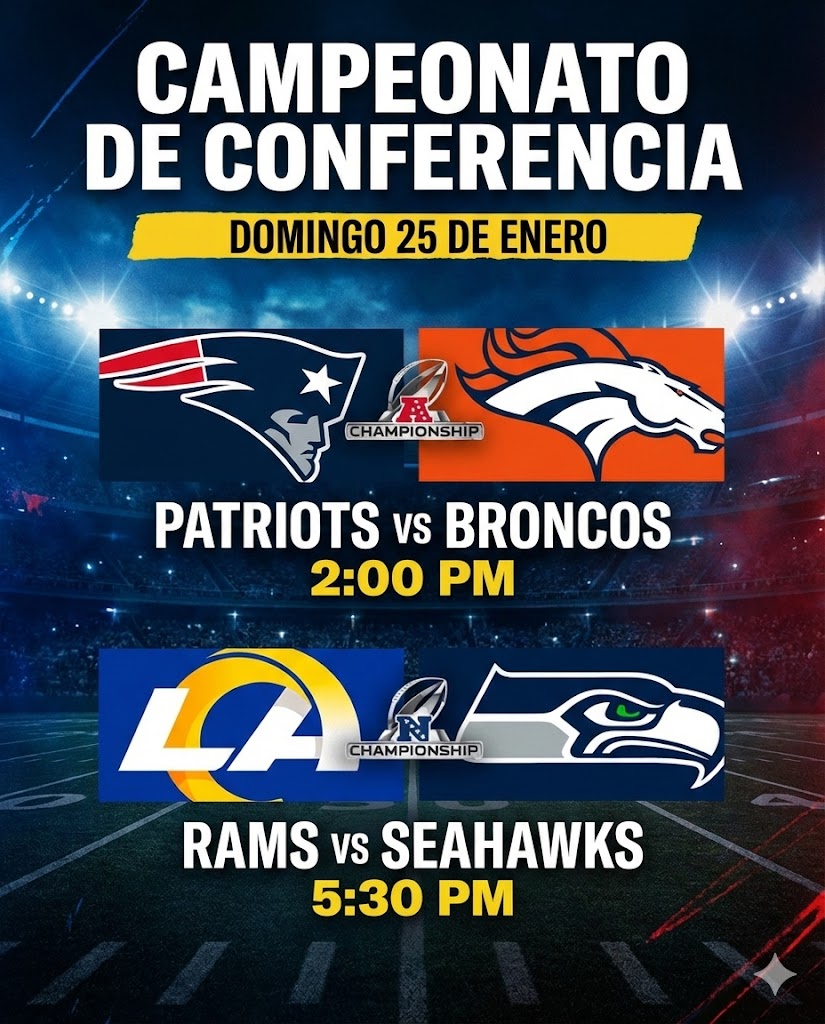 Cartel de las Finales de Conferencia NFL 2026: Patriots vs Broncos y Rams vs Seahawks.