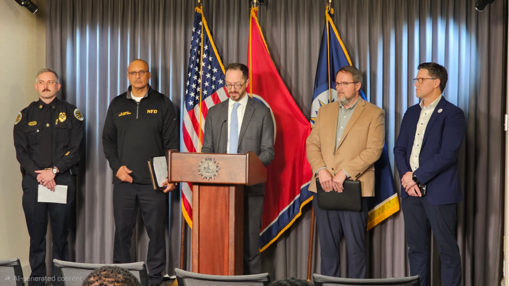 El alcalde Freddie O’Connell junto a autoridades municipales durante conferencia sobre la tormenta invernal en Nashville