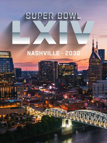 Nashville skyline con anuncio oficial del Super Bowl LXIV en 2030