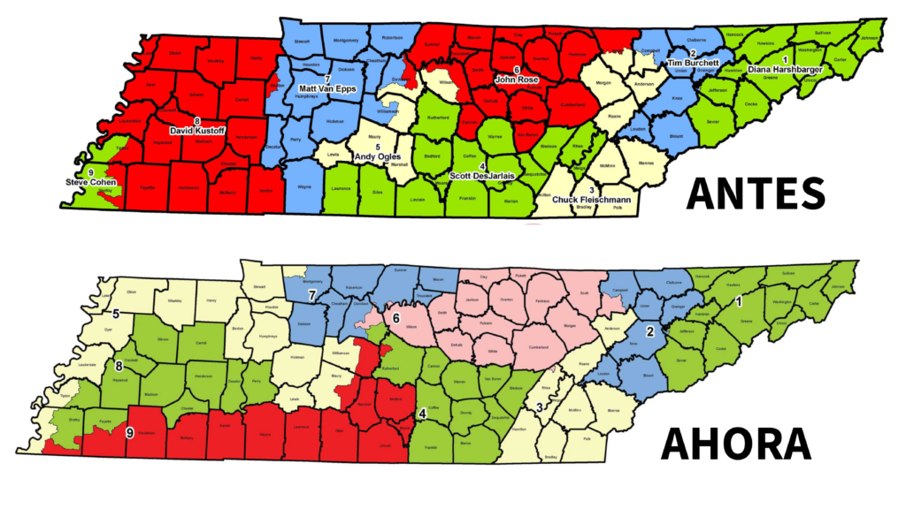 Comparación del mapa congresional anterior y el nuevo mapa electoral firmado por Bill Lee en Tennessee