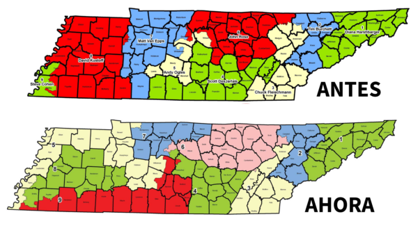 Comparación del mapa congresional anterior y el nuevo mapa electoral firmado por Bill Lee en Tennessee