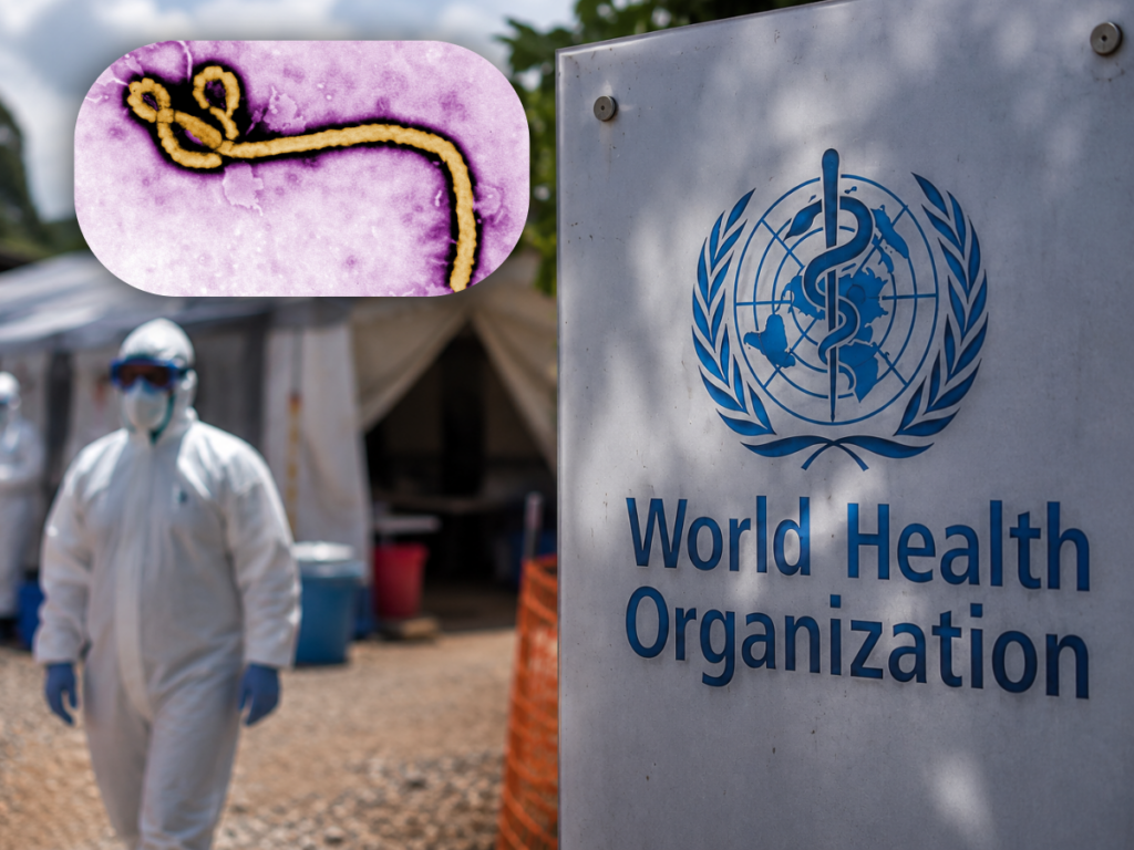 Personal médico con equipo de protección y representación ilustrativa del virus del ébola en una nota sobre la emergencia sanitaria internacional y medidas de vigilancia.