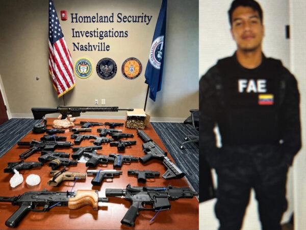 Imagen difundida por autoridades federales que muestra armas decomisadas y a uno de los acusados mencionados en investigaciones relacionadas con Tren de Aragua en Nashville