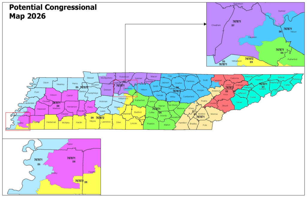 Propuesta de nuevos distritos congresionales en Tennessee que modificaría Davidson County y dividiría Shelby County