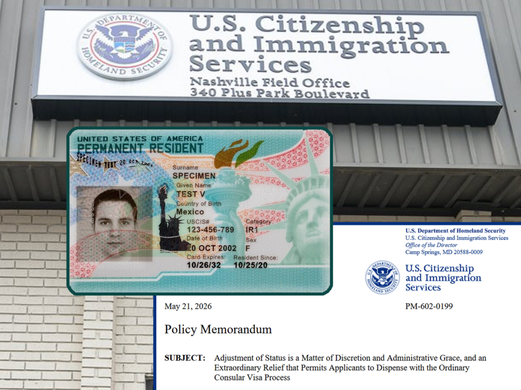 Documento de USCIS sobre Ajuste de Estatus junto a una Green Card