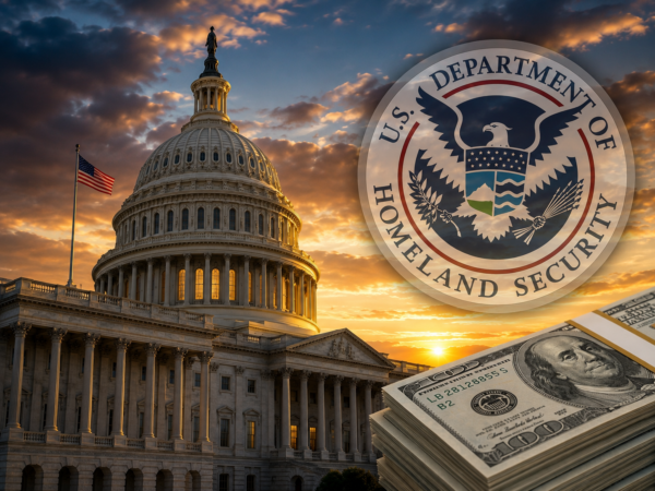 Capitolio de Estados Unidos junto al sello del Departamento de Seguridad Nacional y una representación del financiamiento aprobado para inmigración y seguridad fronteriza.