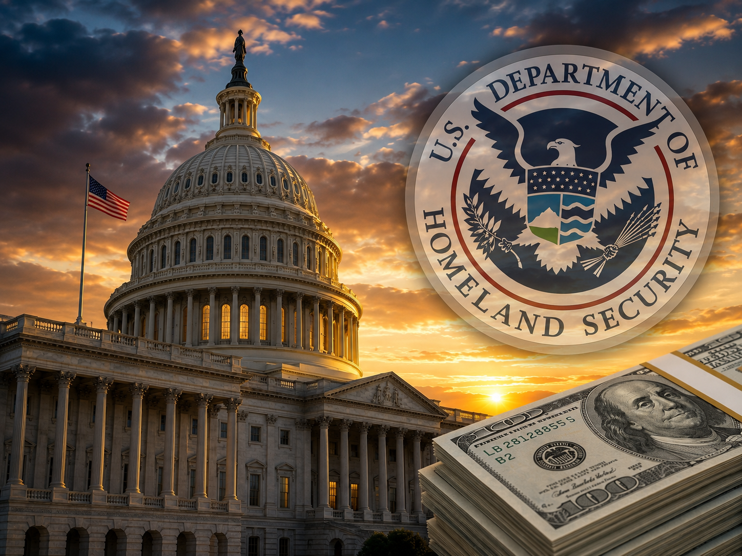 Capitolio de Estados Unidos junto al sello del Departamento de Seguridad Nacional y una representación del financiamiento aprobado para inmigración y seguridad fronteriza.