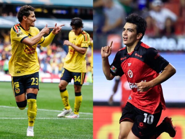 Raphael Veiga del América y Gilberto Mora de Tijuana en festejo de gol comandando la tabla general del Apertura 2026