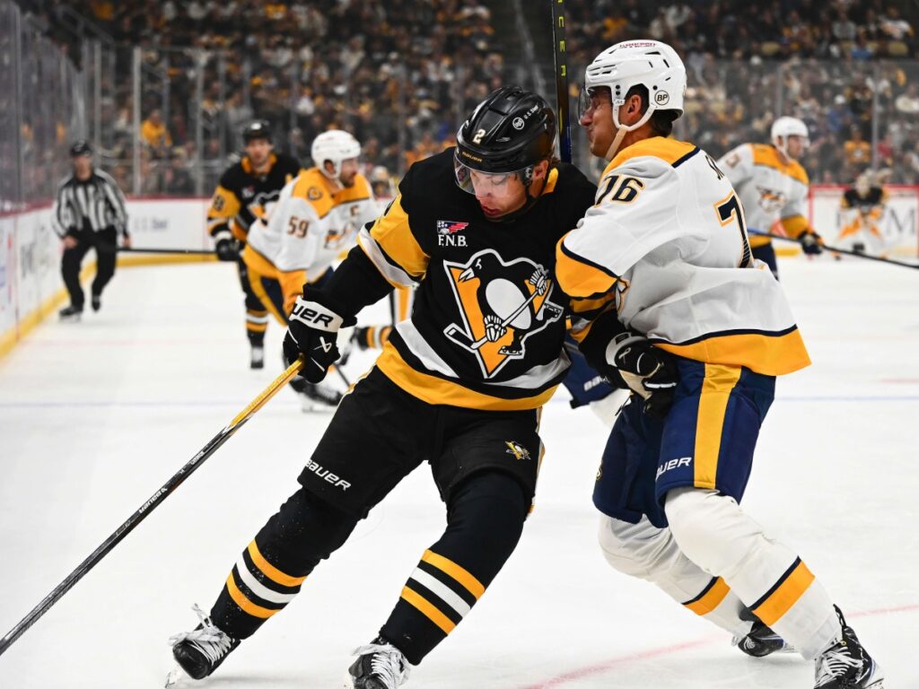 Brady Skjei disputa el puck contra la banda aplicando el cuerpo ante el rival