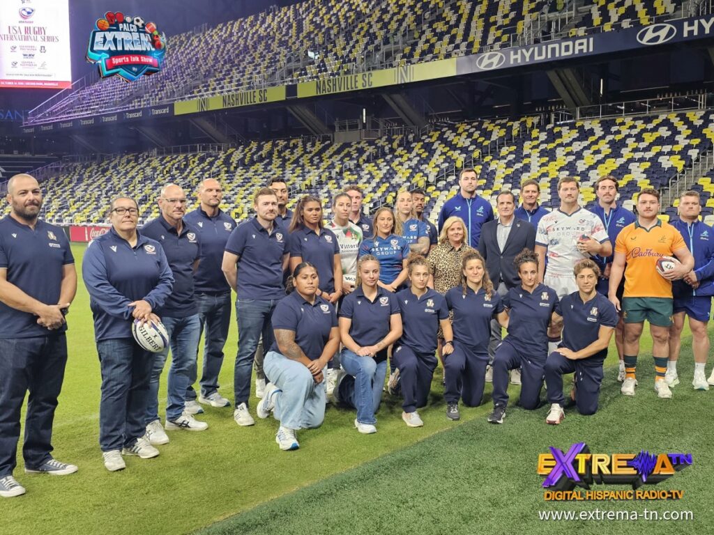 Delegaciones de Estados Unidos, Italia y Australia en el lanzamiento de la doble cartelera internacional de rugby en GEODIS Park