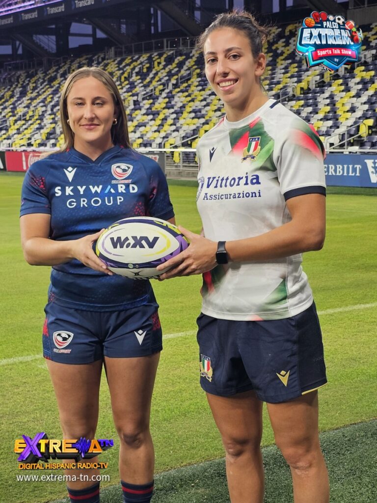 Georgi Perris-Redding y Vittoria Ostuni Minuzzi posan en la previa de la doble cartelera internacional de rugby en GEODIS Park