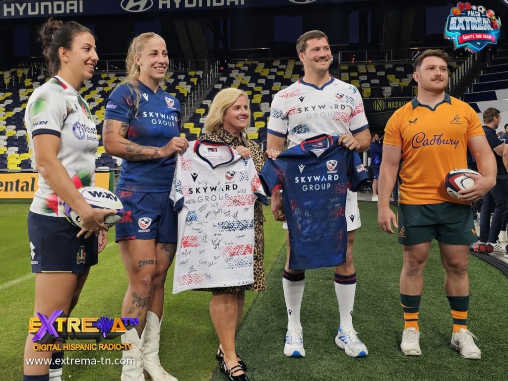 Capitanes de rugby exhiben las camisetas oficiales firmadas en la doble cartelera internacional de rugby en GEODIS Park